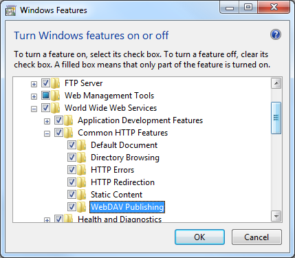 Screenshot displays Common H T T P Features node expanded with Web DAV Publishing highlighted.