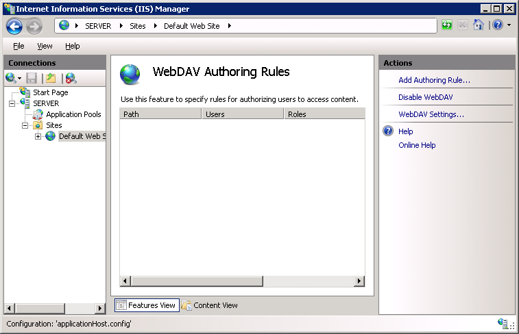 Screenshot that shows the Web DAV Authoring Rules pane.