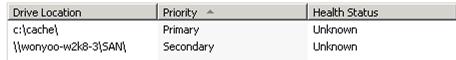 Screenshot of the Drive Location, Priority, and Health Status columns. For the purposes of this walkthrough, backslash backslash won yoo dash w two k eight dash three backslash S A N backslash is used as the secondary drive location.