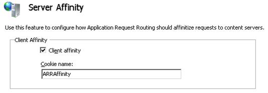 Captura de pantalla de la página de la característica Afinidad de servidor. Se muestra la casilla situada junto a Afinidad de cliente. En el cuadro Nombre de cookie, se muestra el texto A R R Affinity .