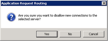 Captura de pantalla del cuadro de diálogo Enrutamiento de solicitudes de aplicación. El texto ¿Está seguro de que desea denegar nuevas conexiones al servidor seleccionado? se muestra. La opción Sí está resaltada.