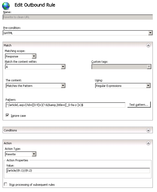 Screenshot before applying the new Outbound Rewrite Rule with the Is H T M L Pre-condition