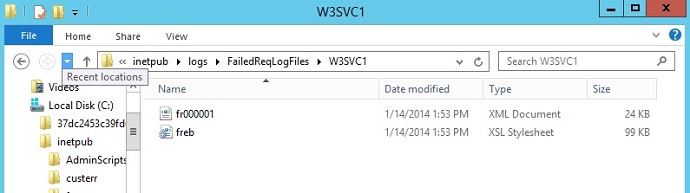 Captura de pantalla de W 3 S V C 1 en el directorio Req Log Files con errores.