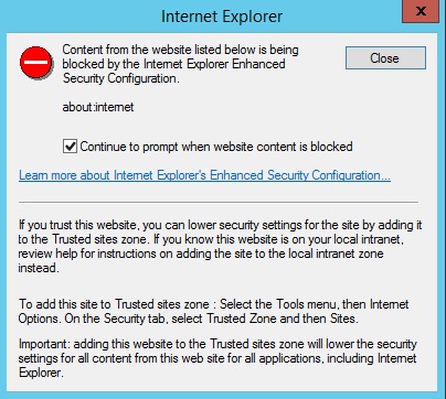 Captura de pantalla del cuadro de diálogo internet Explorer con la opción Continuar para preguntar cuando el contenido del sitio web está bloqueado seleccionado.