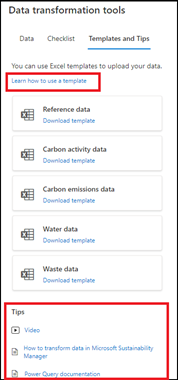 Captura de pantalla que muestra la pestaña Plantillas y sugerencias de la página de herramientas de transformación de datos.