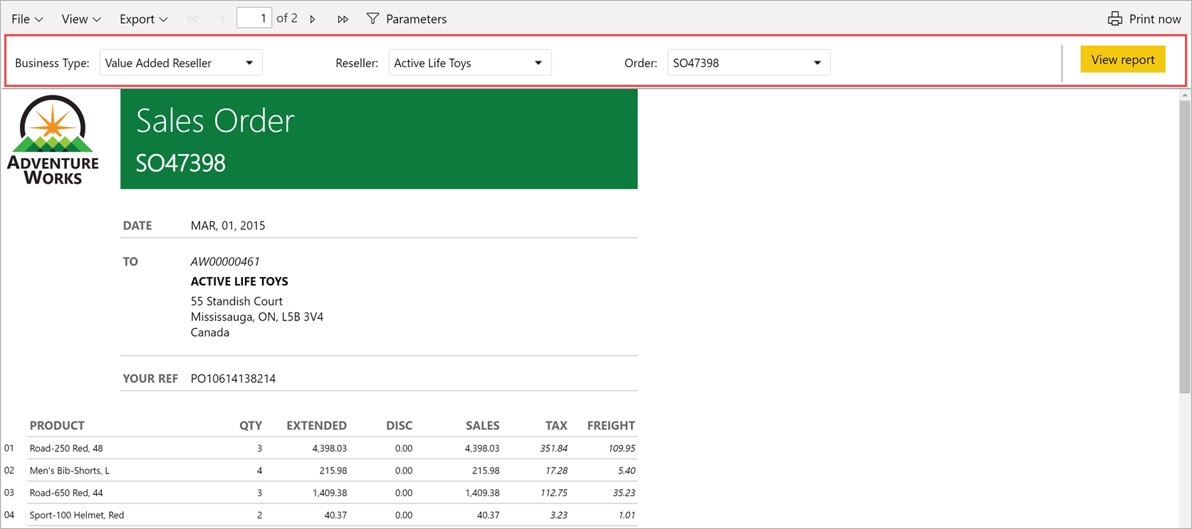 Captura de pantalla que muestra un informe paginado insertado de Power BI. El panel de parámetros está cerca de la parte superior y está resaltado en rojo.