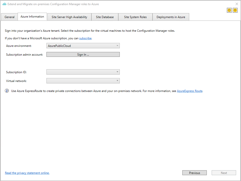 Pestaña Información de Azure en la herramienta Extender y migrar