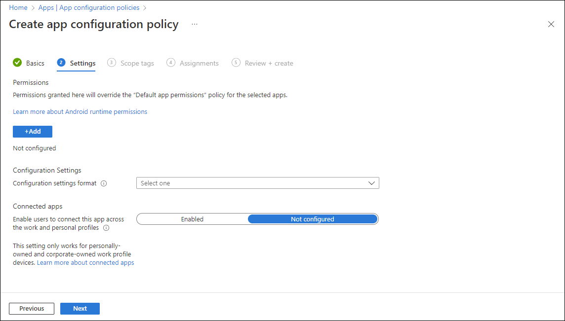 Captura de pantalla de la directiva de configuración: Configuración