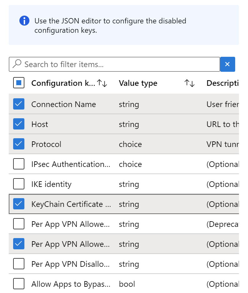 Agregue claves de configuración a una directiva de configuración de aplicaciones VPN en Microsoft Intune mediante Configuration Designer, ejemplo.