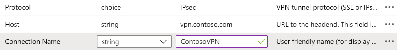 Ejemplos de protocolo, nombre de conexión y nombre de host en una directiva de configuración de aplicaciones VPN en Microsoft Intune mediante el Designer de configuración