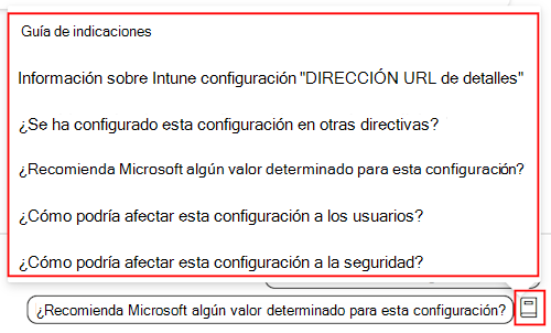 Captura de pantalla que muestra la guía de avisos de configuración de Copilot y una lista de los avisos disponibles en el catálogo de configuración de Microsoft Intune y el Centro de administración de Intune.