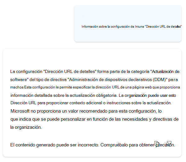 Captura de pantalla que muestra copilot que proporciona información más detallada sobre cualquier configuración del catálogo de configuración de Microsoft Intune y el Centro de administración de Intune.