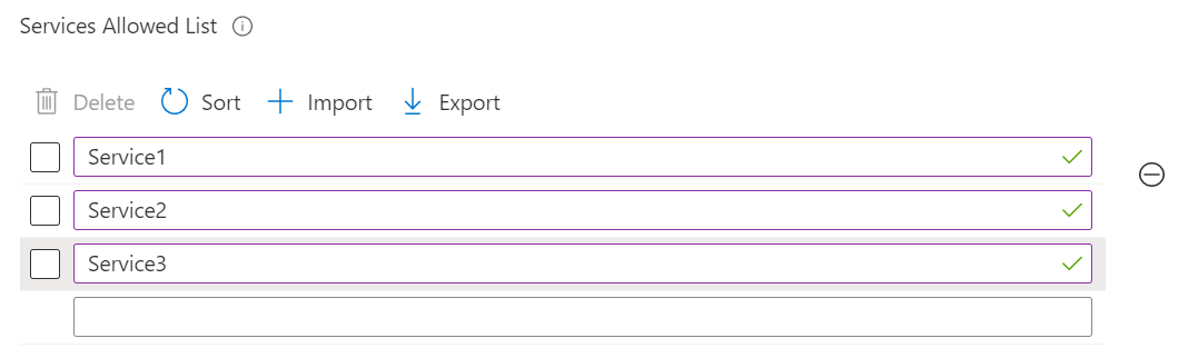 captura de pantalla que muestra una configuración con varios valores en una línea independiente en el Catálogo de configuración de Microsoft Intune y el Centro de administración de Intune.