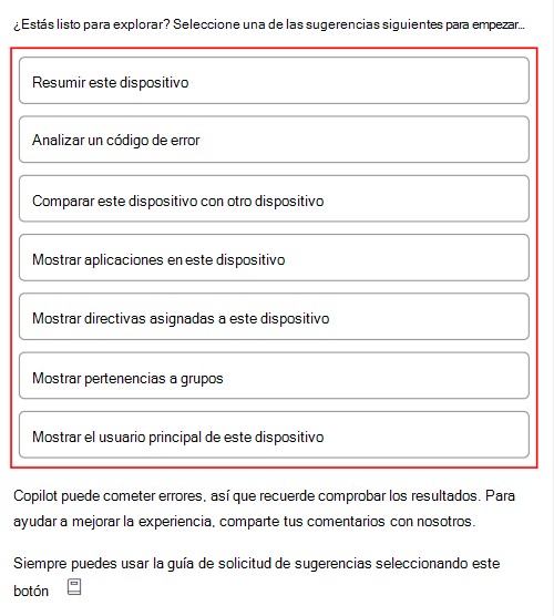 Captura de pantalla que muestra las solicitudes de ejemplo de Copilot después de seleccionar un dispositivo en Microsoft Intune o Intune centro de administración.