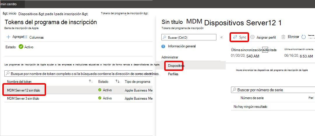 Captura de pantalla del nodo Dispositivos del programa de inscripción y el vínculo Sincronizar.