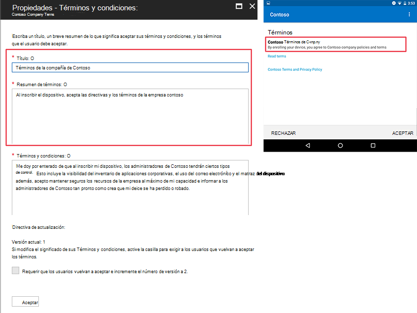 Imagen de ejemplo de los términos redactados en Intune y, a continuación, su aspecto en el Portal de empresa.