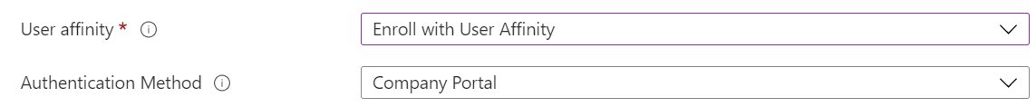 En el Centro de administración de Intune y Microsoft Intune, inscriba dispositivos iOS/iPadOS mediante la inscripción automatizada de dispositivos (ADE). Seleccione Inscribirse con afinidad de usuario y use la aplicación Portal de empresa para la autenticación.