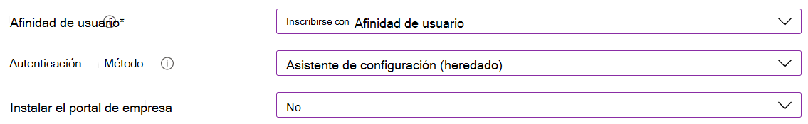 En el Centro de administración de Intune y Microsoft Intune, inscriba dispositivos iOS/iPadOS mediante la inscripción automatizada de dispositivos (ADE). Seleccione Inscribir con afinidad de usuario, use el Asistente para la instalación para la autenticación y no instale la aplicación Portal de empresa.