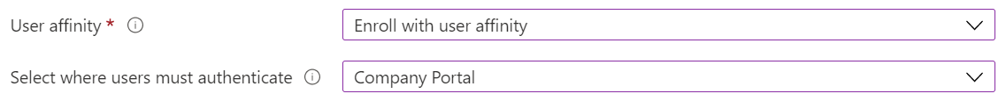 En el Centro de administración de Intune y Microsoft Intune, inscriba dispositivos iOS/iPadOS mediante Apple Configurator. Seleccione Inscribirse con afinidad de usuario y use la aplicación Portal de empresa para la autenticación.