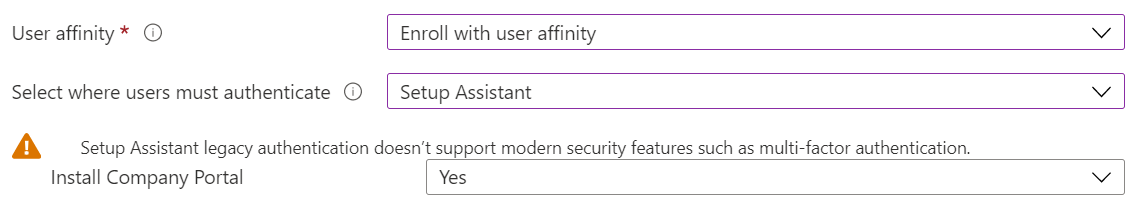 En el Centro de administración de Intune y Microsoft Intune, inscriba dispositivos iOS/iPadOS mediante Apple Configurator. Seleccione Inscribir con afinidad de usuario, use el Asistente para la instalación para la autenticación e instale la aplicación Portal de empresa.