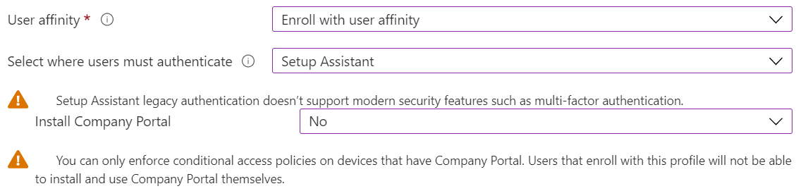 En el Centro de administración de Intune y Microsoft Intune, inscriba dispositivos iOS/iPadOS mediante Apple Configurator. Seleccione Inscribir con afinidad de usuario, use el Asistente para la instalación para la autenticación y no instale la aplicación Portal de empresa.