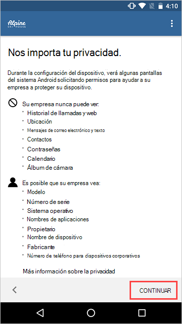 Captura de pantalla del Portal de empresa, Nos preocupamos por su pantalla de privacidad, resaltando el botón Continuar.