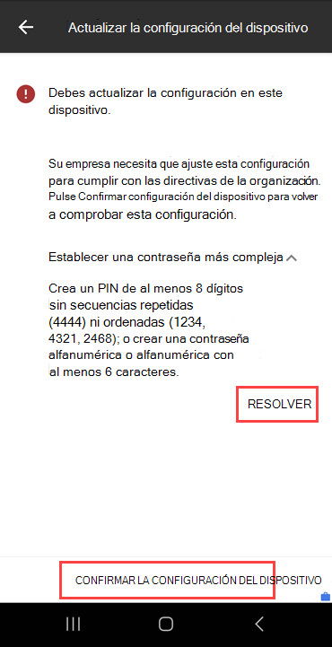 Captura de pantalla del Portal de empresa, pantalla Actualizar configuración del dispositivo que resalta el botón RESOLVER y el botón CONFIRMAR CONFIGURACIÓN DEL DISPOSITIVO.