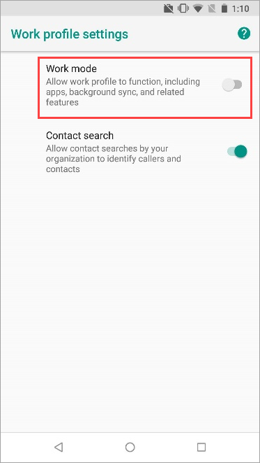 Captura de pantalla del conmutador de alternancia perfil de trabajo activado en la configuración del dispositivo Nexus 5X.