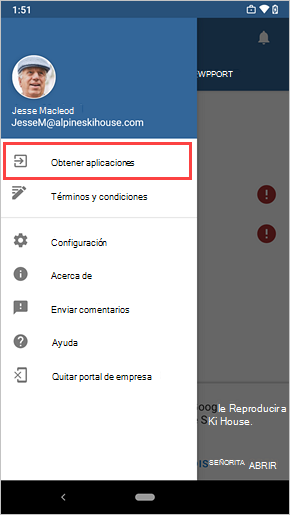 Imagen de ejemplo del menú Portal de empresa, que resalta el vínculo Obtener aplicaciones.