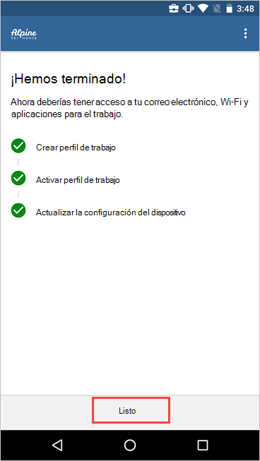 Imagen de ejemplo del Portal de empresa, pantalla Configuración de acceso de empresa, en la que se muestra la configuración completada y el resaltado del botón Listo.