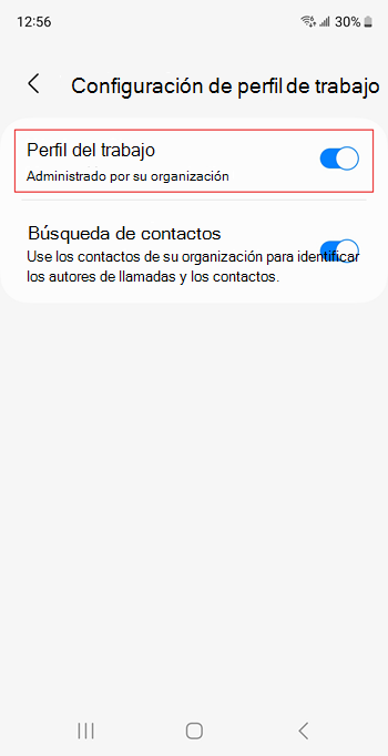 Captura de pantalla del botón de alternancia perfil de trabajo activado en la configuración del dispositivo Samsung Galaxy S20.