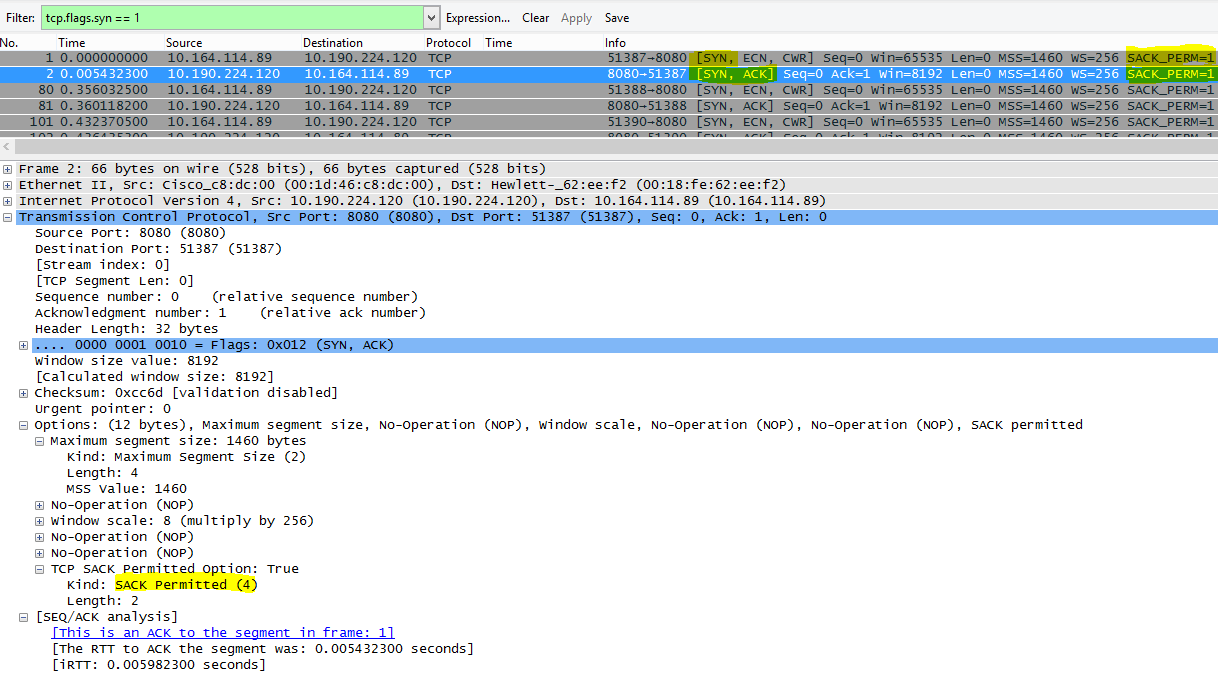 BOLSA tal y como aparece en Wireshark con el filtro tcp.flags.syn == 1.