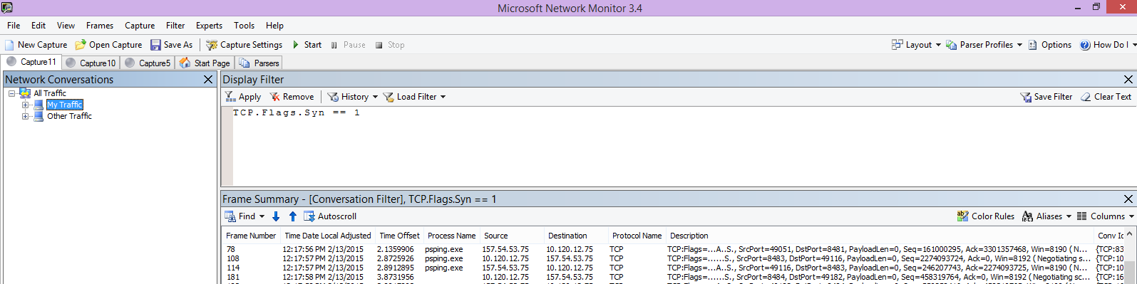 Seguimiento de Netmon desde el cliente que muestra el mismo comando PSPing a través del tcp de filtro. Flags.Syn == 1.