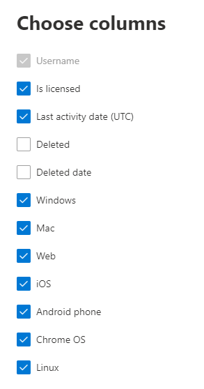 Informe de dispositivo de usuario de Teams: elija columnas.
