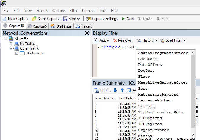 Captura de pantalla de Netmon que muestra que el campo Filtro de visualización usa IntelliSense.