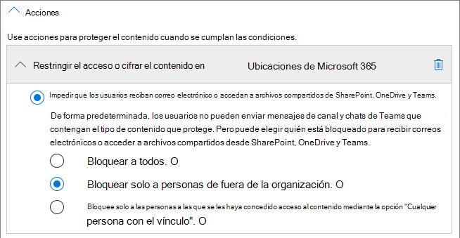 Recorte de pantalla de las opciones de acción de reglas DLP.