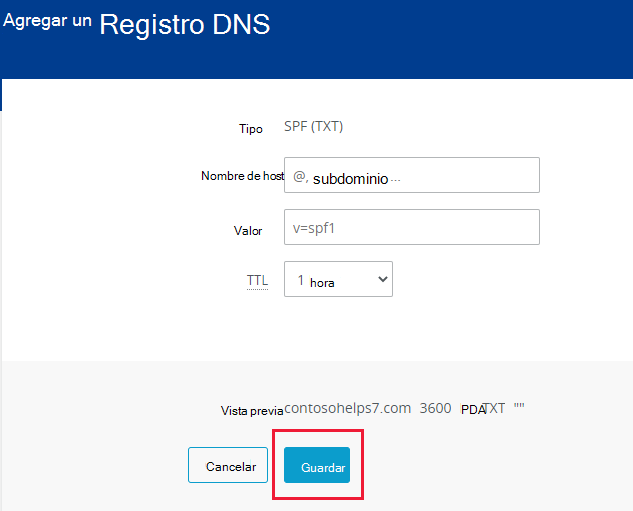 Captura de pantalla de donde selecciona Guardar para agregar un registro TXT de SPF.