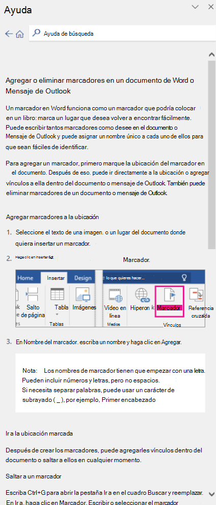 Captura de pantalla: ejemplo Word artículo de ayuda de aplicaciones de escritorio