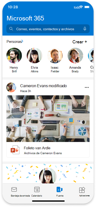 Captura de pantalla de Microsoft Feed en Outlook Mobile