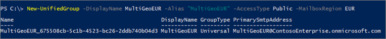 Captura de pantalla de New-UnifiedGroup cmdlet de PowerShell con sintaxis.