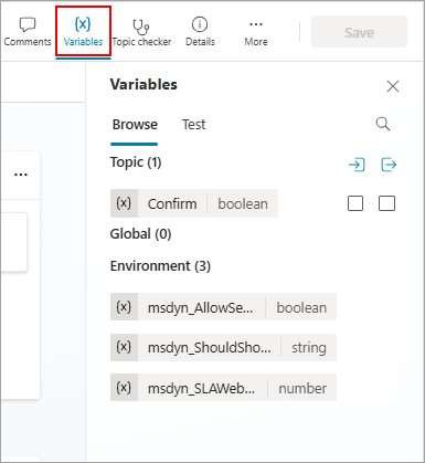 Captura de pantalla del panel Variables en el lienzo de creación de Copilot Studio, con el botón Variables resaltado.