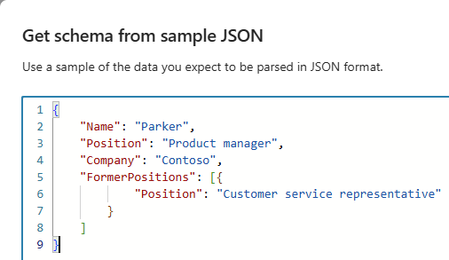 Captura de pantalla que muestra Obtener esquema a partir de JSON de ejemplo.