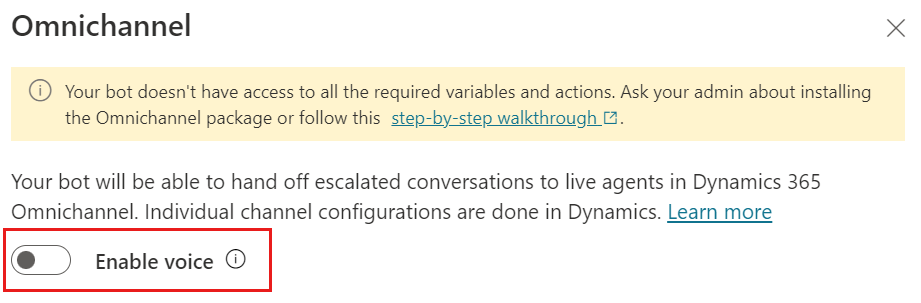 Captura de pantalla de la sección Dynamics 365 de Copilot Studio con el interruptor **Habilitar voz** resaltado.