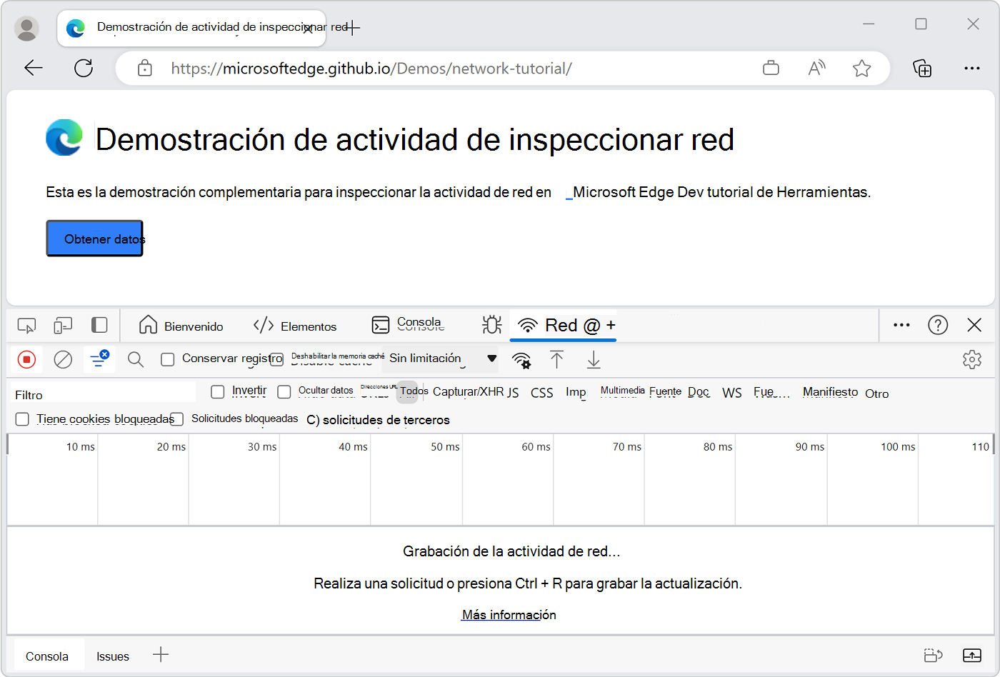 Herramienta de red en DevTools, con DevTools acoplado a la parte inferior de la ventana