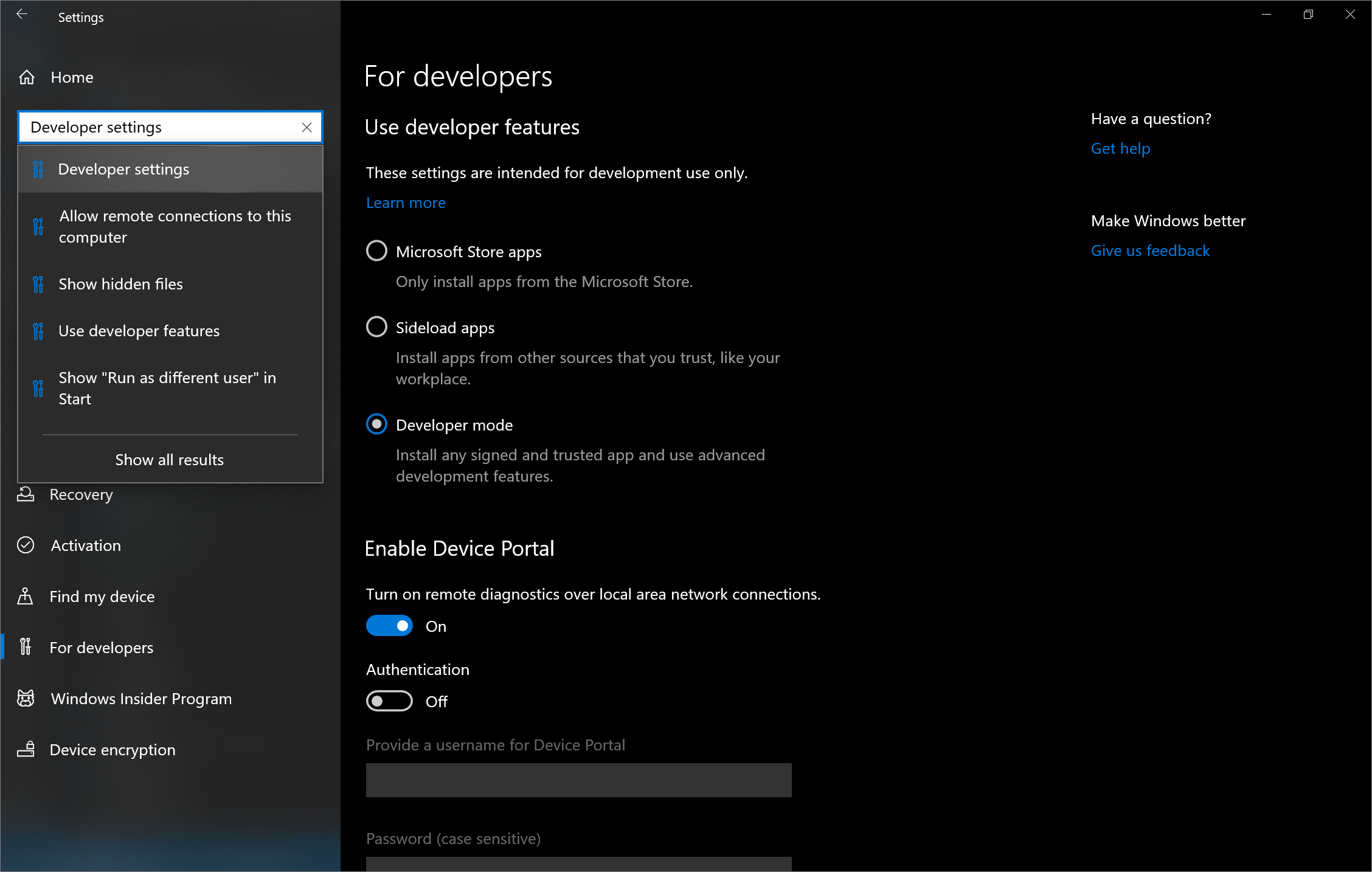 La aplicación Configuración con el modo de desarrollador y el Portal de dispositivos configurados