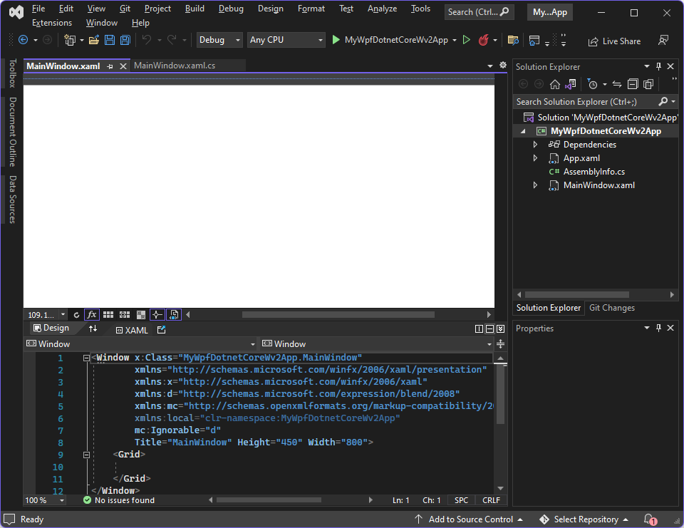 Proyecto inicial en Visual Studio 2022 mediante la plantilla de aplicación WPF de .NET Core