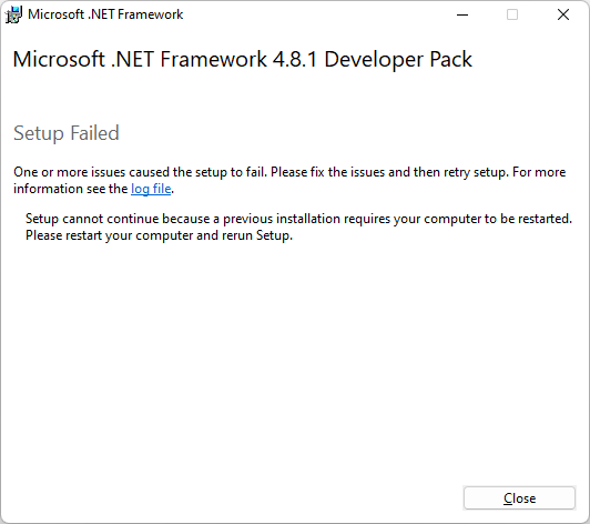 Reinicio para instalar .NET Framework