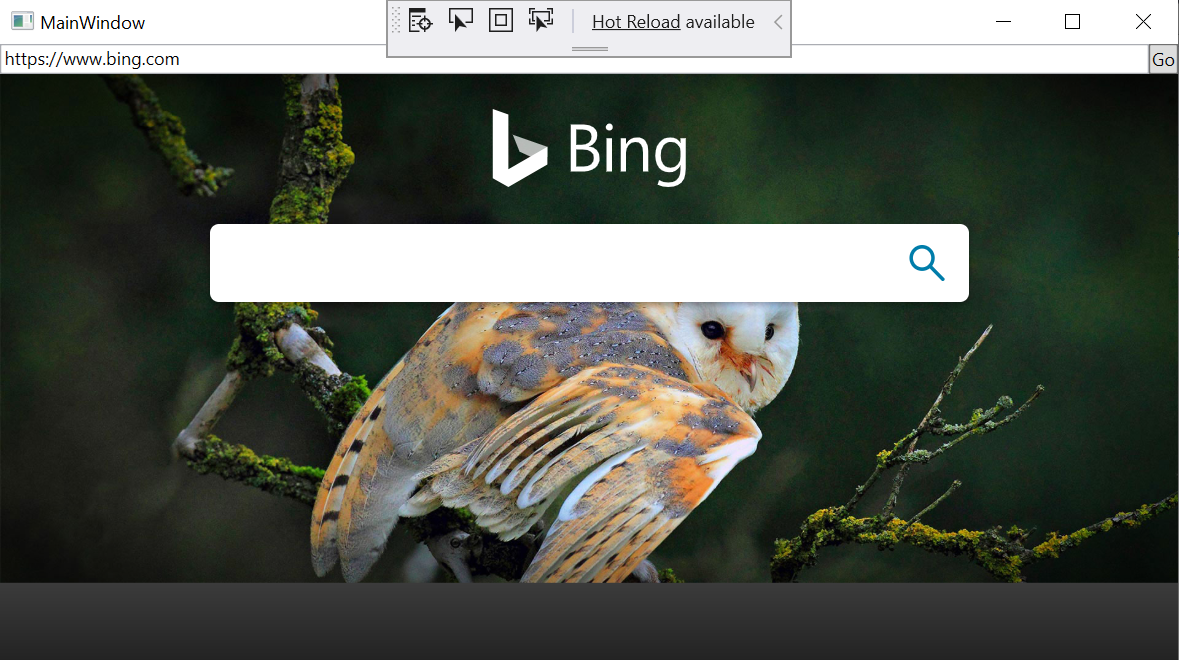 La aplicación muestra el sitio web de Bing