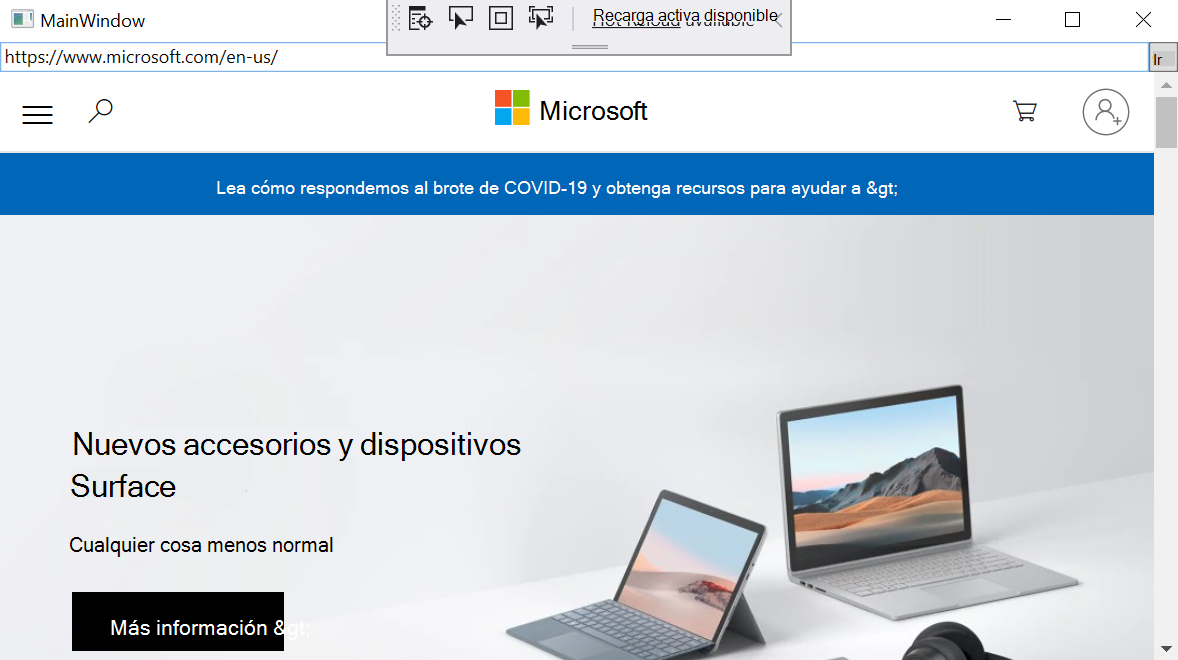 La aplicación de ejemplo muestra el URI en la barra de direcciones y en el sitio web de Microsoft