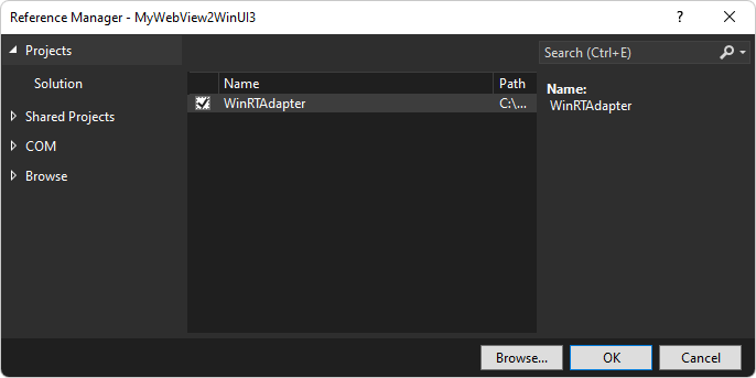 Agregar una referencia: la casilla WinRTAdapter en el cuadro de diálogo Administrador de referencias para el proyecto winUI 3